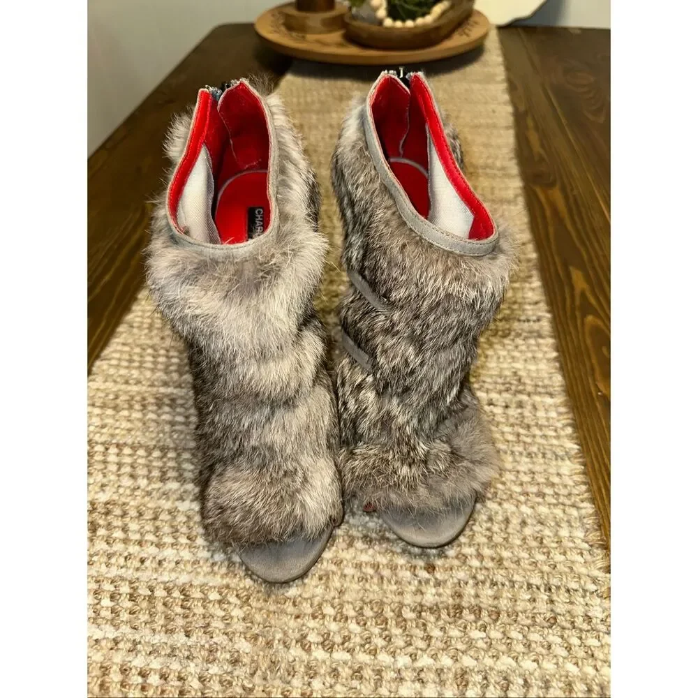 Charles Jourdan Paris Gray Rabbit Fur Mesh Peep Toe Stiletto Booties Heels 8